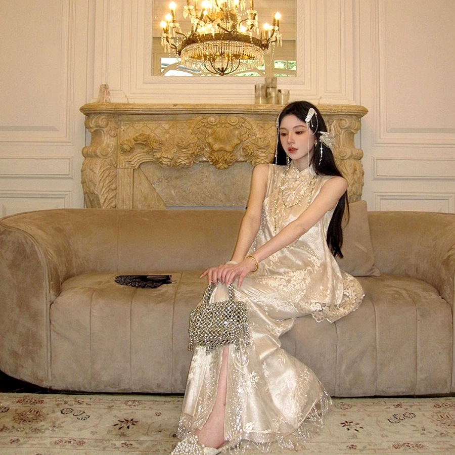 地球店【花涧绣】新中式重工蕾丝珠绣斜襟马甲+鱼尾半身裙 - 图2