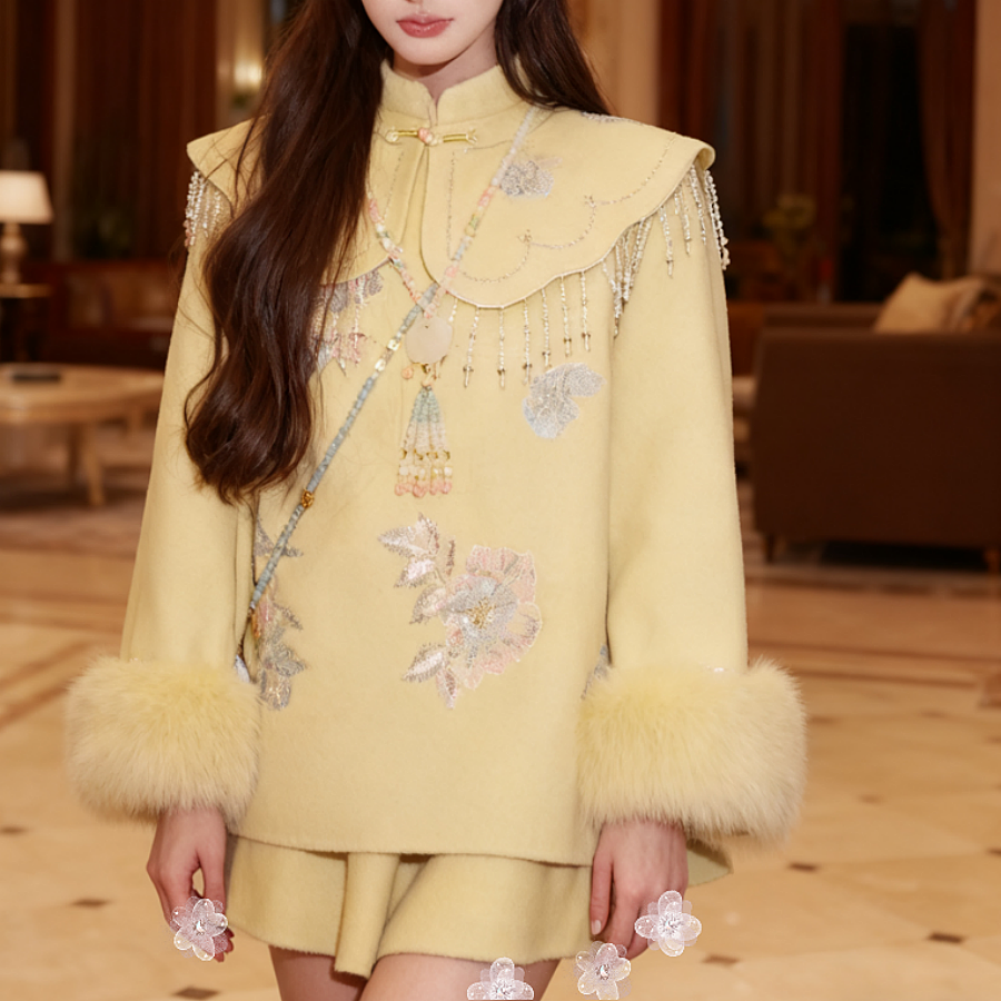 地球店「月锦芳华」冬季新中式国风宽松绵羊毛双面呢大衣套装,淘宝优惠券,粉丝福利购,淘宝优惠卷