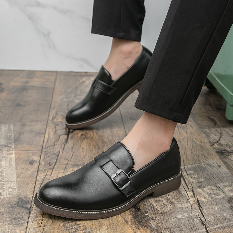 美线男鞋尖头硬底搭扣英伦乐福鞋商务休闲孟克皮鞋大码 - 图0