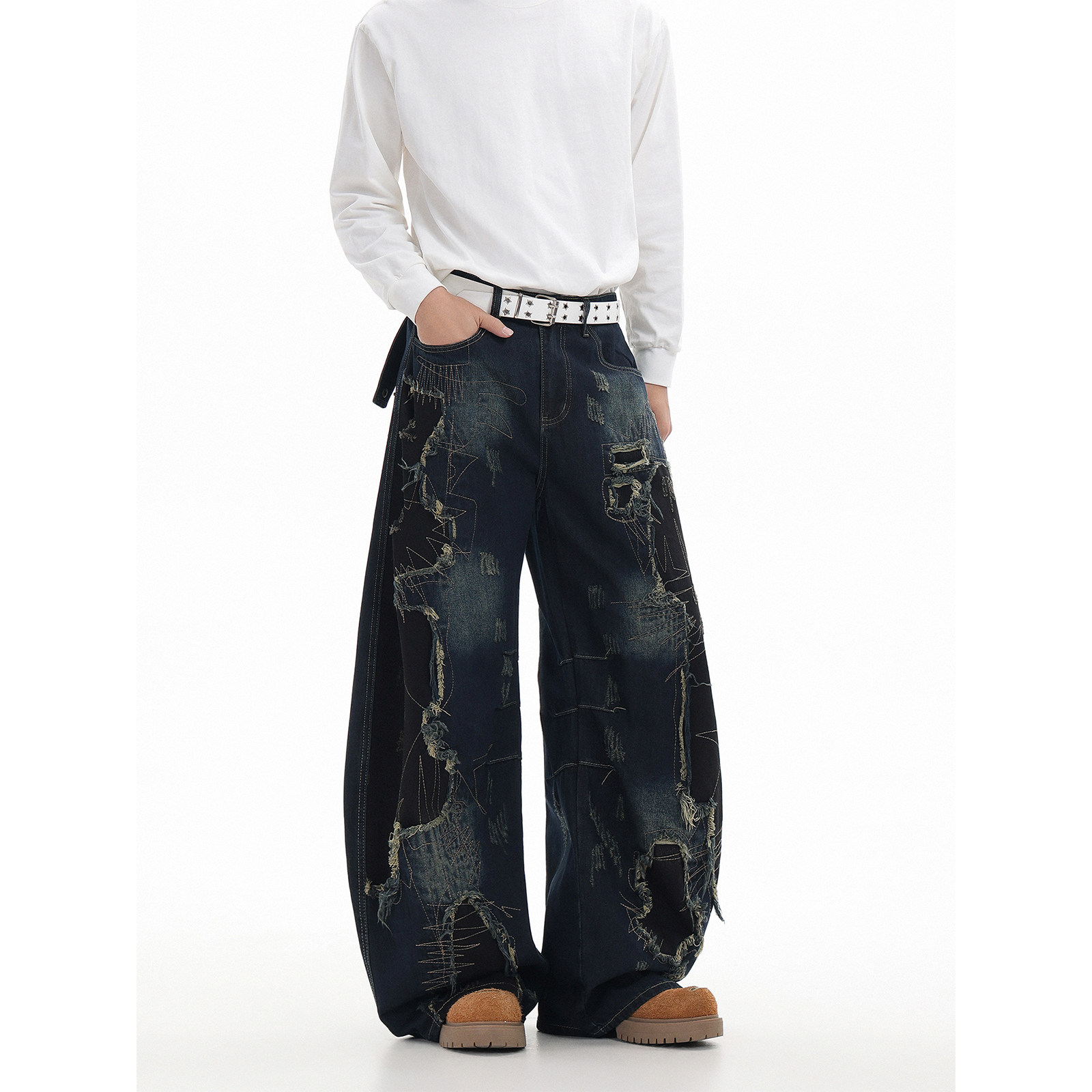 GCINIM401复古做旧破洞牛仔裤男女宽松阔腿弯刀裤街头废土风长裤,淘宝优惠券,粉丝福利购,淘宝优惠卷