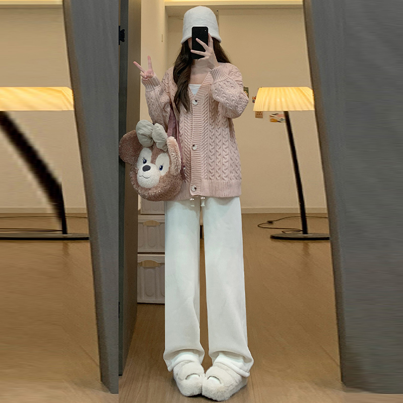 Maternity pants autumn and winter brown brown drawstring high waist plus velvet wide leg pants straight chenille lamb velvet warm cotton pants