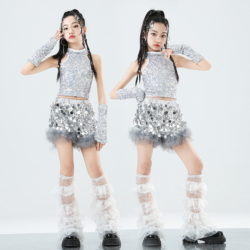 女童爵士舞亮片演出服银色无袖露脐上衣套装甜酷hiphop街舞嘻哈服,淘宝优惠券,粉丝福利购,淘宝优惠卷