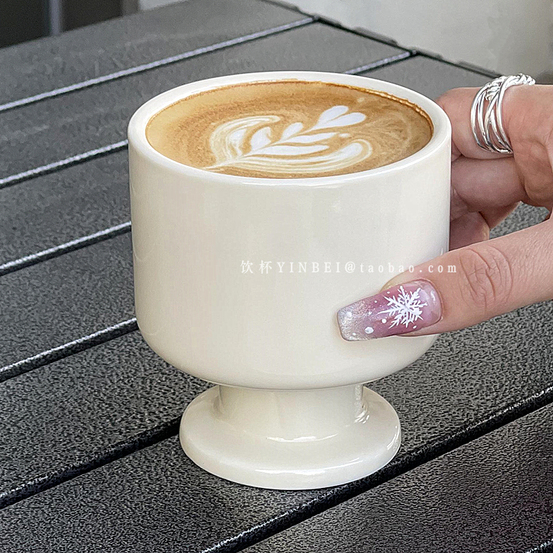 中古风高脚陶瓷杯咖啡杯法式纯色拉花杯马克杯冰淇淋奶昔杯牛奶杯-图3