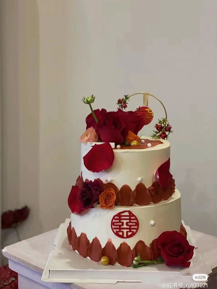 中式订婚宴纸杯蛋糕装饰摆件铁艺圆形囍石榴花插件结婚喜字甜品台