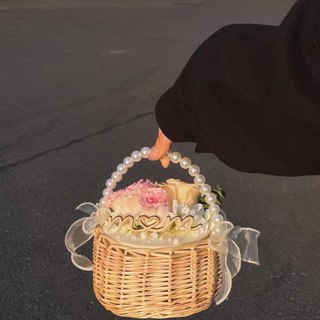 网红母亲节蛋糕装饰藤编手提篮珍珠藤编鲜花妈妈木质mom插件装饰z,淘宝优惠券,粉丝福利购,淘宝优惠卷