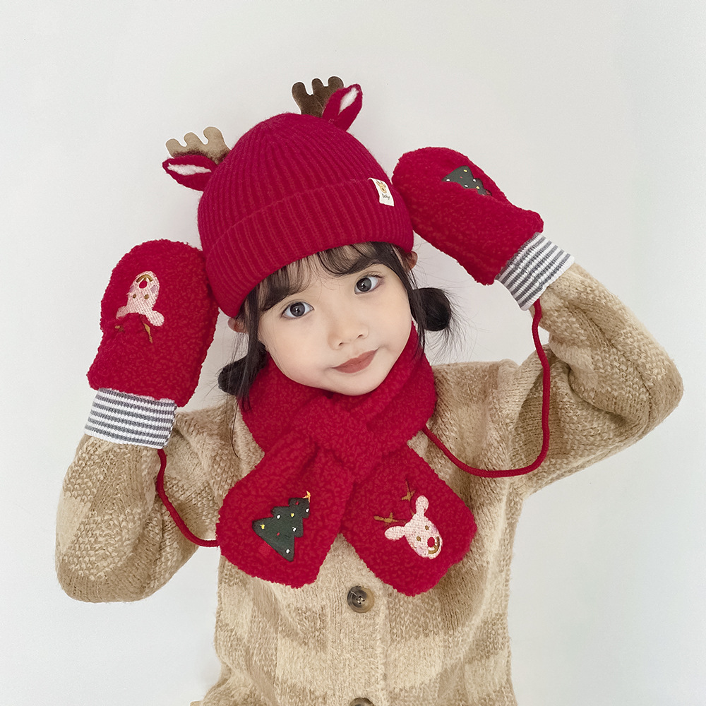 小宝宝圣诞帽子儿童套装毛线帽可爱围巾手套三件套男女童婴儿秋冬