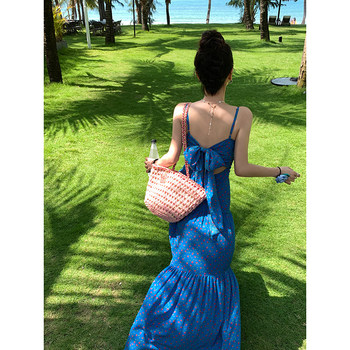 DULA Haohaojia Floral Blue Suspender Dress Women's 2024 Summer New High Waist Slim Hot Girl Long Dress