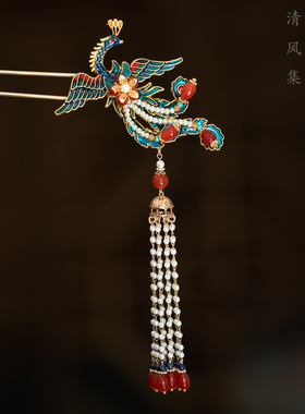 烧蓝凤凰发簪古风簪子汉服旗袍国风中式流苏发钗红色新年节日发饰