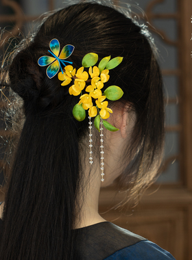 非遗绒花发簪桂花双钗檀木簪子