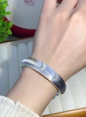 足银9999猫眼宽版闭口手镯女国风新中式拉丝爆闪素圈轮胎镯子纯银