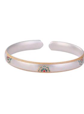 999足银宝相花款手镯女款烧蓝描金开口纯银镯子送妈妈送闺蜜礼物