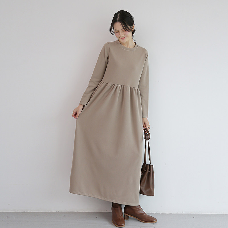 秋冬季韩版新款气质长袖长裙女纯色圆领宽松大裙摆过膝高腰连衣裙,淘宝优惠券,粉丝福利购,淘宝优惠卷