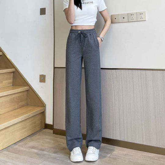 Versión negra estrecha pantalones deportivos de patas rectas para mujeres con cintura alta caída verano delgada algodón puro alargado de gran tamaño alto casual