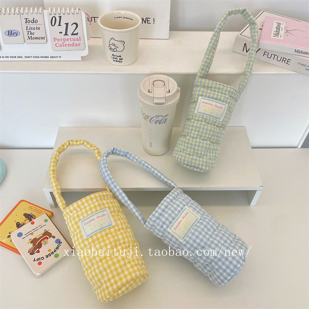 小白兔几 杯套手提小拎包夹棉格子水杯袋防烫柔软便携水杯奶茶袋,淘宝优惠券,粉丝福利购,淘宝优惠卷