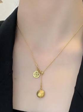 钛钢不掉色福喜吊坠项链女中国风网红轻奢高级感抽拉式颈链锁骨链