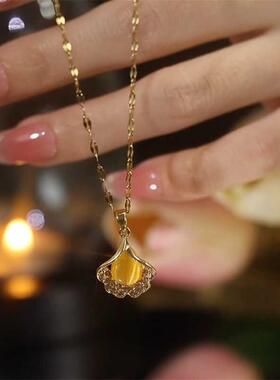 新款钛钢不掉色三生有幸猫眼石银杏叶项链女轻奢小众高级感锁骨链