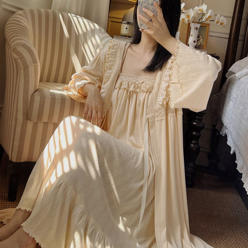 睡衣女2025春秋纯棉复古法式甜美吊带睡袍两件套长睡裙公主风晨袍,淘宝优惠券,粉丝福利购,淘宝优惠卷