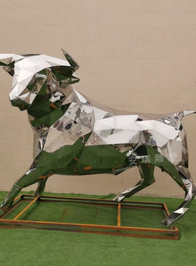 不锈钢奔牛 耕牛动物雕塑户外广场 商业街摆放铁艺几何切面牛定做