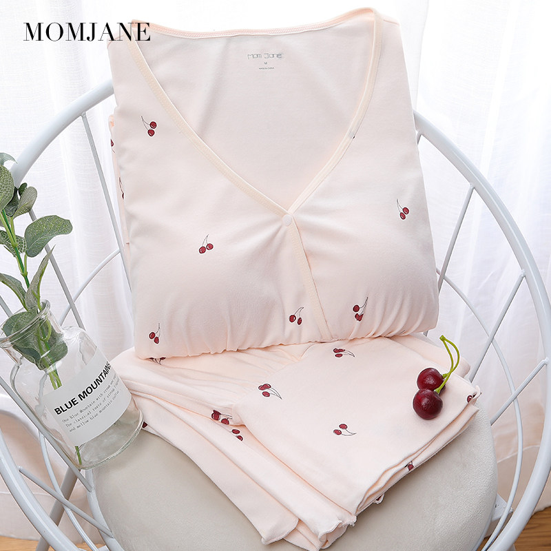 孕妇月子服带胸垫棉春秋款睡衣 momjane母婴家居服套装