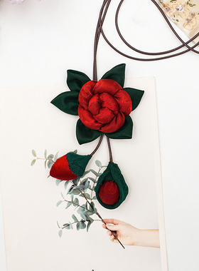 香云纱真丝太阳花朵项链国风彩色简约红色古风