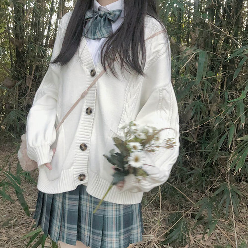 2020秋装新款外套日系小清新学院风JK制服毛衣宽松麻花针织开衫女 - 图2