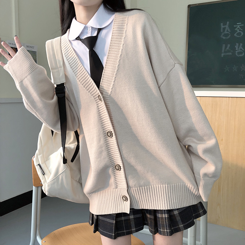 学院风宽松V领开衫2020新款慵懒风毛衣女春秋外穿jk针织衫外套女 - 图1