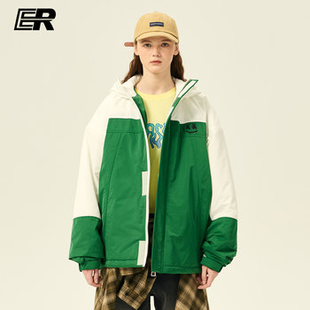 er splicing contrasting color mid-length hooded cotton coat men's winter couple coat national fashion brand casual loose bread coat