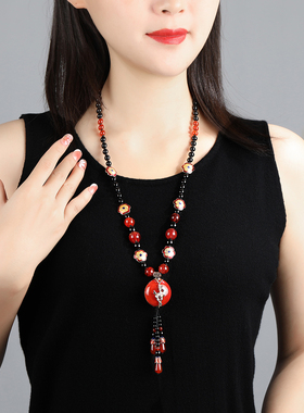 玛瑙贝壳花毛衣链圆珠链原创复古