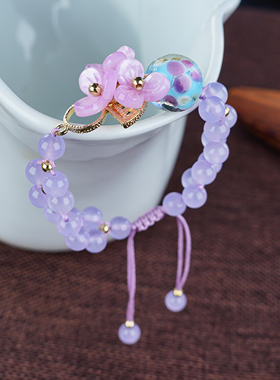 手链女小紫粉色花朵文艺复古玉髓