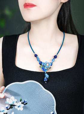 珠花蝶度琉璃珠棉麻女手作锁骨链