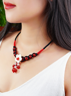 原创红色古风项链女文艺复古锁骨链小清新短款颈链配饰小众民族风