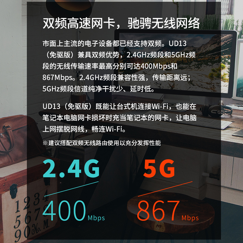 MERCURY水星UD13免驱版5g双频USB无线网卡1300M台式机电脑随身WiFi信号接收发射器家用穿墙热点AP网络分享器 - 图2