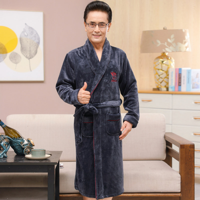 睡袍男士中年爸爸睡衣秋冬季加厚加绒中长款珊瑚绒家居服冬天保暖,淘宝优惠券,粉丝福利购,淘宝优惠卷
