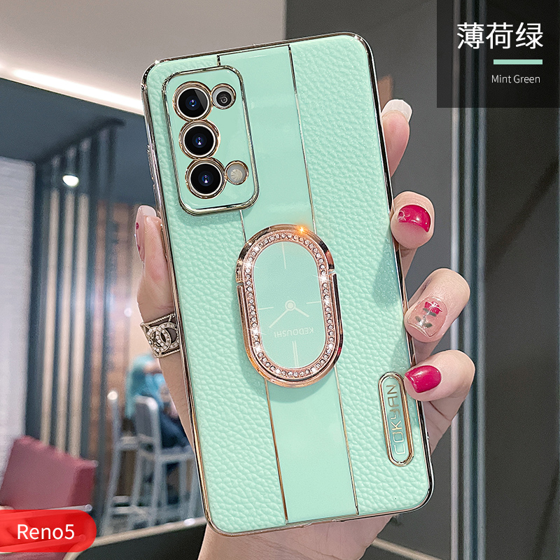 opporeno5手机壳电镀皮纹Reno5pro全包镜头reno5pro新款保护套RENO5硅胶高档女款潮流por防摔软壳高级感支架 - 图3