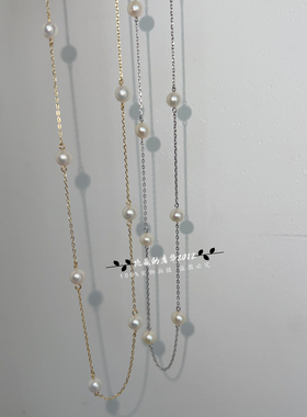 通体925银镀18k金淡水真珍珠约6mm强光近圆满天星项链时尚百搭