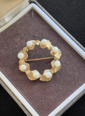 中古vintage复古素金仿珠花朵胸针孤品