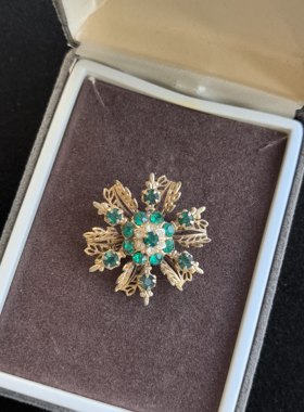 中古素金绿色莱茵石立体雪花胸针别针中古Vintage