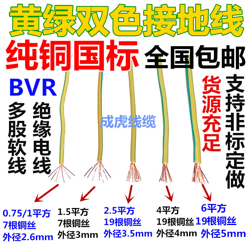 国标纯铜光伏黄绿双色接地电线BVR2.5/4/6/10/16平方多股软铜一米