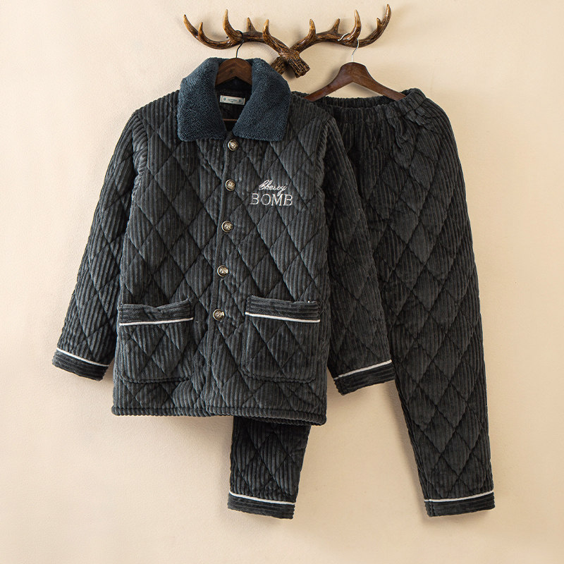 秋冬季三层加厚加绒睡衣男士珊瑚绒夹棉中老年保暖爸爸家居服套装,淘宝优惠券,粉丝福利购,淘宝优惠卷