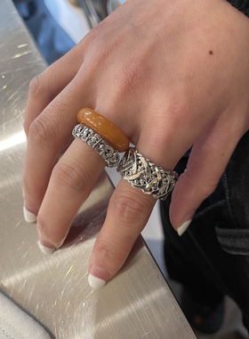 韩国博主同款滴釉戒指黑色珠光白高级时髦小众宽版食指指环