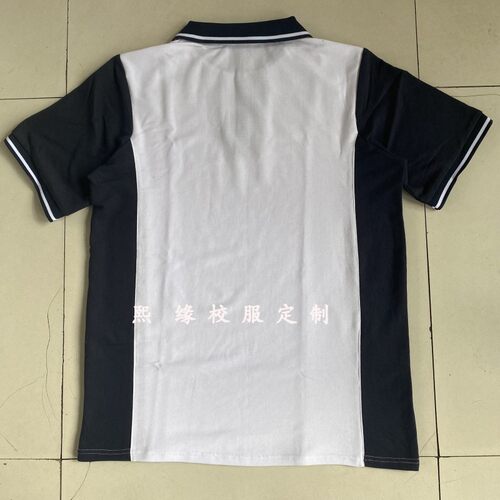 定制夏季校服半袖上衣藏蓝色拼接白色一道白杠翻领短袖T初高中小 - 图0