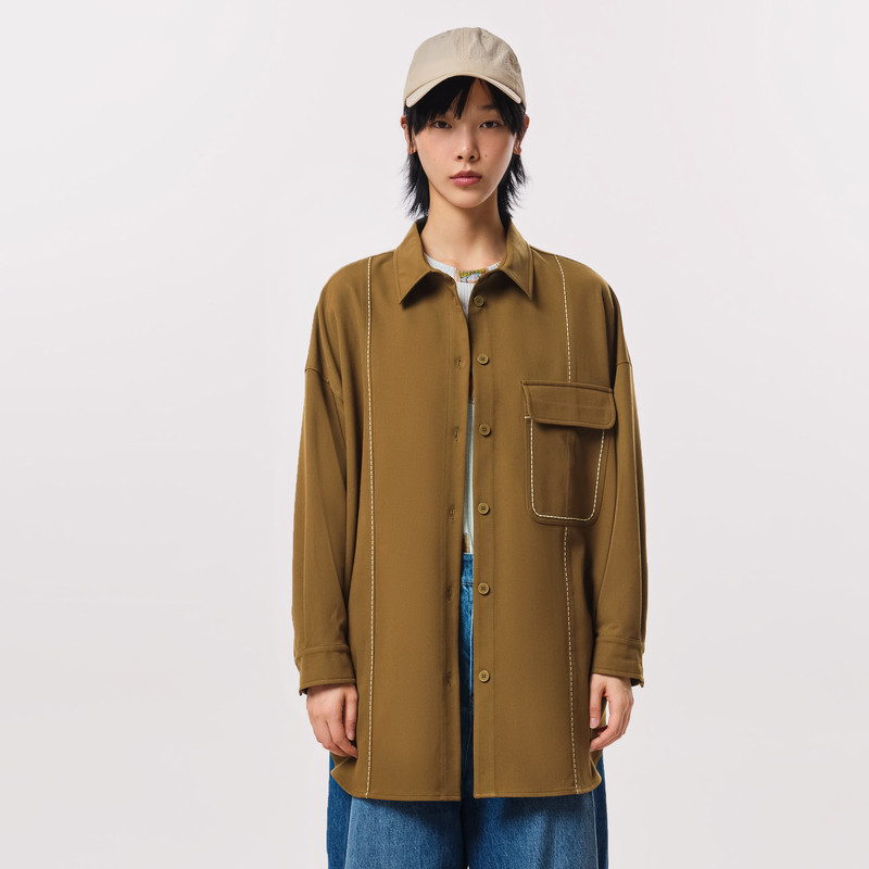 MOVEUP幻走2023秋季新款.FUN系列 撞色米粒绣设计师中长款衬衫女 - 图0