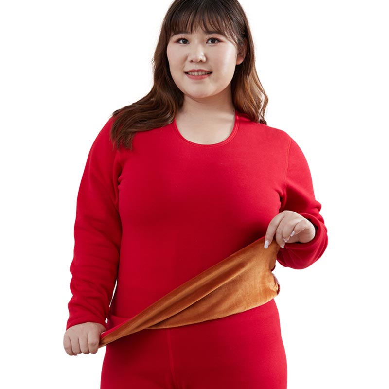 猫人本命年大红色保暖套装加绒加厚女士喜庆打底内衣加肥加大码