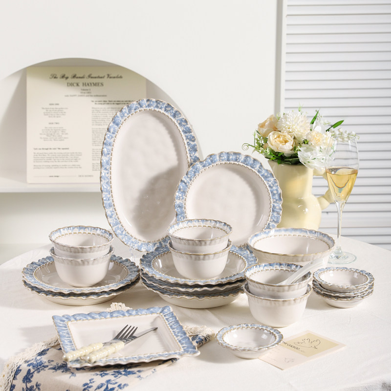 川岛屋烟蓝碗碟套装家用高级感碗盘碗筷组合乔迁法式轻奢餐具套装,淘宝优惠券,粉丝福利购,淘宝优惠卷