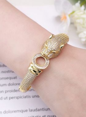 HTZS跨境新款豹子金色满钻锆石手镯女亚马逊爆款复古时尚潮流手镯