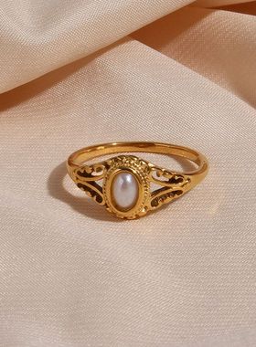 HTZS跨境新款简约气质个性珍珠戒指不锈钢镀金花型图案细珍珠指环