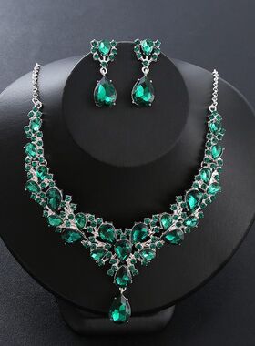 HTZS跨境新百搭晚礼服水晶宝石锁骨项链耳环首饰套装时尚婚纱饰品