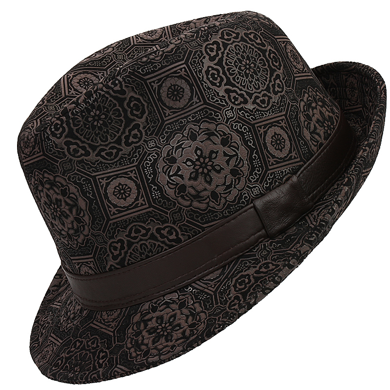 秋冬季真皮帽子中老年人男士礼帽反绒羊皮印花英伦复古爵士牛仔帽