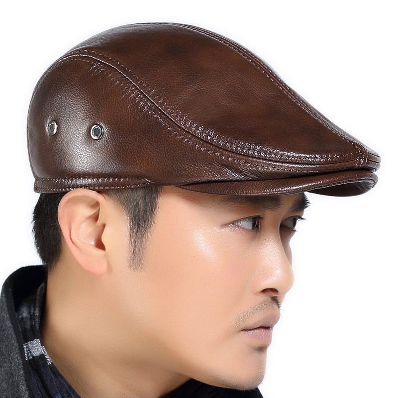 真皮帽子男士中老年人鸭舌帽秋冬季复古前进帽贝雷帽爸爸护耳保暖,淘宝优惠券,粉丝福利购,淘宝优惠卷