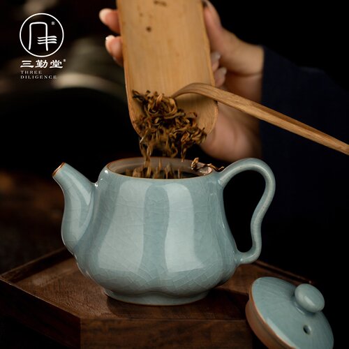 三勤堂汝窑茶壶景德镇陶瓷开片单壶功夫茶具泡茶器家用过滤南瓜壶 - 图1